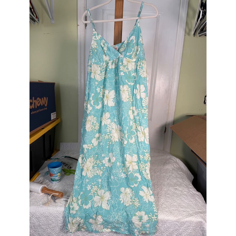 Mossimo Supply Co Womens XL Turquoise Floral Maxi Dress Tropical V-Neck Smocked